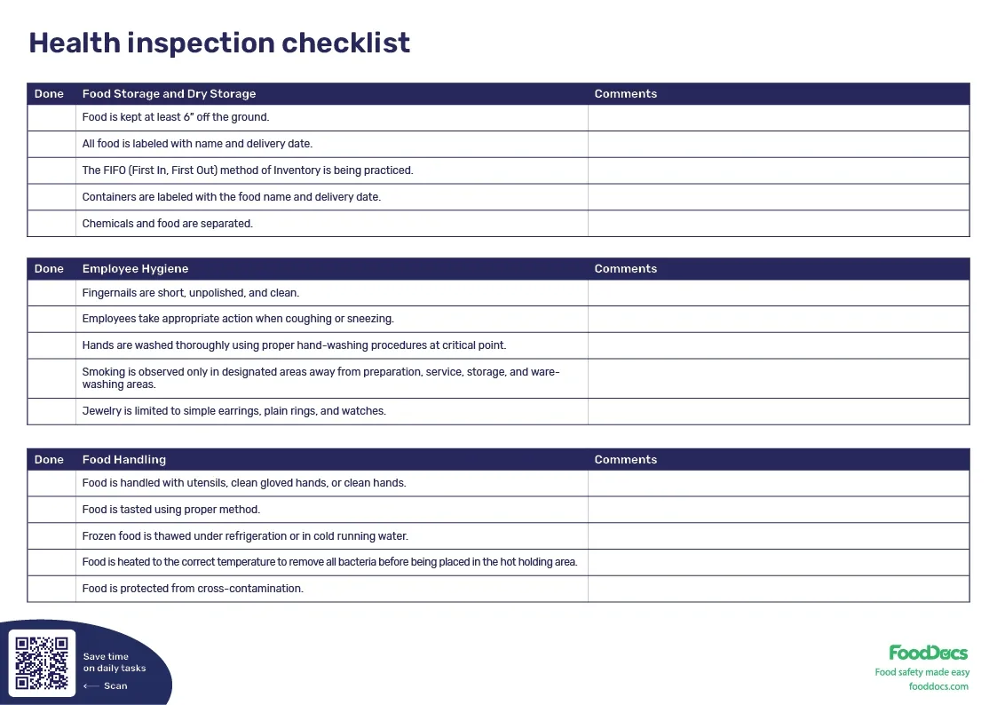UK Food Allergen Regulations & Legal Compliance Framework: Complete Guide for Food Businesses 6 Health inspection checklist template covering food storage, employee hygiene, and food handling procedures.