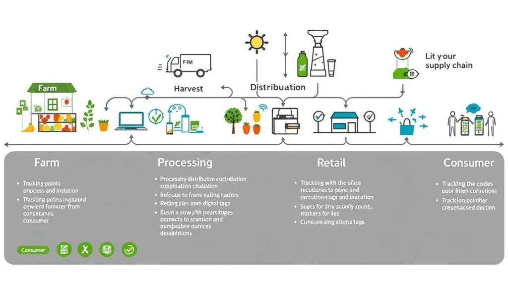 Food Allergen Control : The Complete Guide for UK Manufacturing 6 Illustration of food traceability software showing farm to consumer stages including harvesting, processing, distribution, and retail.