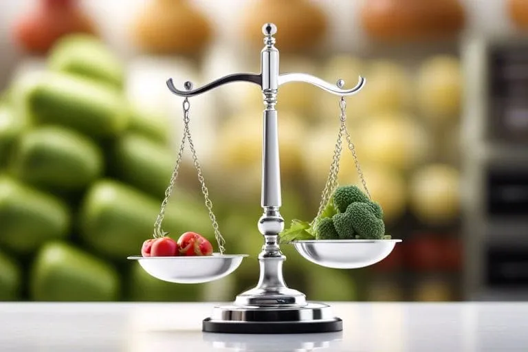 UK Food Allergen Regulations & Legal Compliance Framework: Complete Guide for Food Businesses 3 A balance scale comparing tomatoes and broccoli representing food safety and regulation in the food industry.