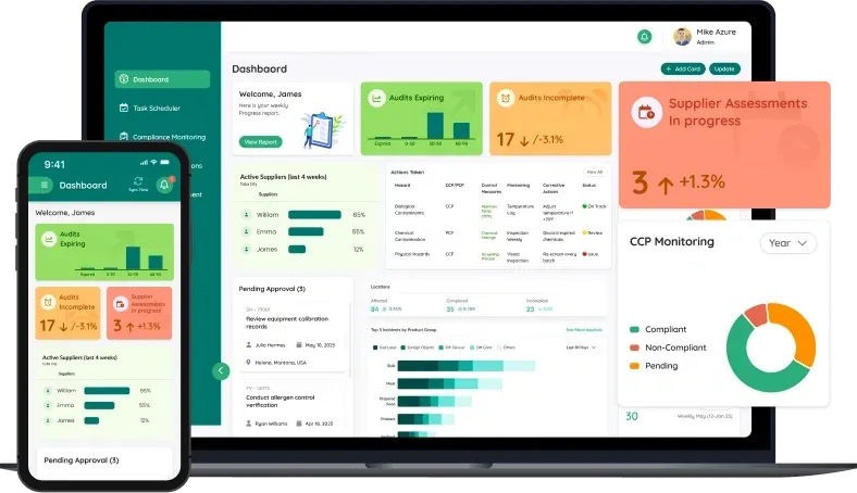 UK Food Allergen Regulations & Legal Compliance Framework: Complete Guide for Food Businesses 5 AI food safety software dashboard showing audit status, supplier assessments, and compliance monitoring on mobile and laptop screens.