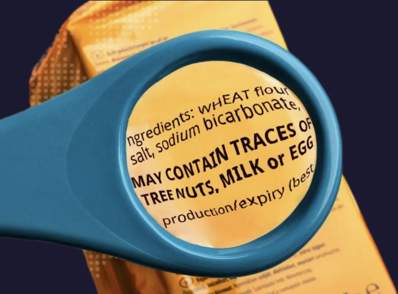 Natasha's Law Requirements: PPDS Allergen Labelling Requirements for UK Food Businesses 2 Magnifying glass highlighting allergy warning on food label about traces of tree nuts, milk, or egg.