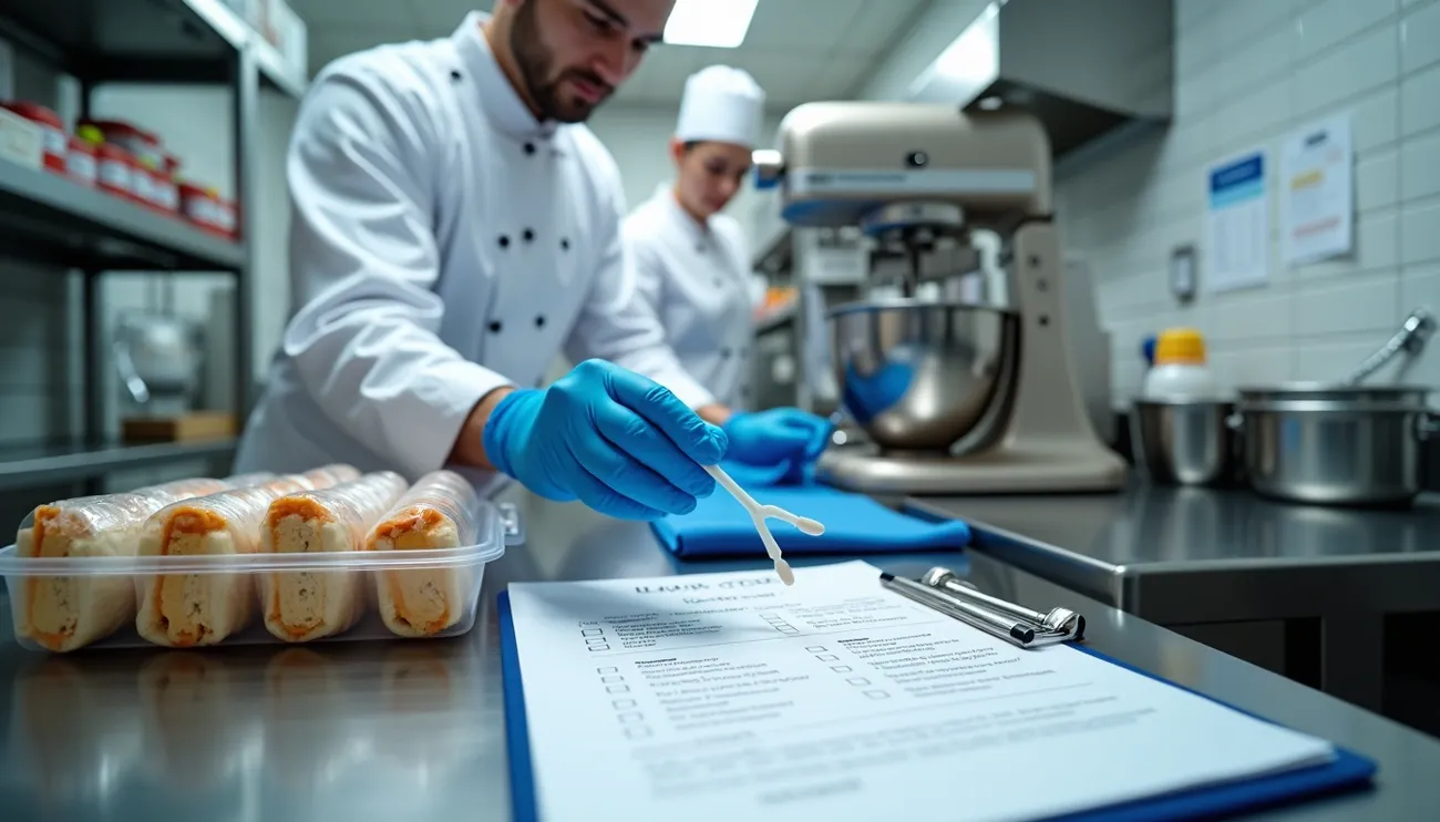 Chef in gloves using swab to verify allergen removal on clipboard in commercial kitchen for PPDS compliance