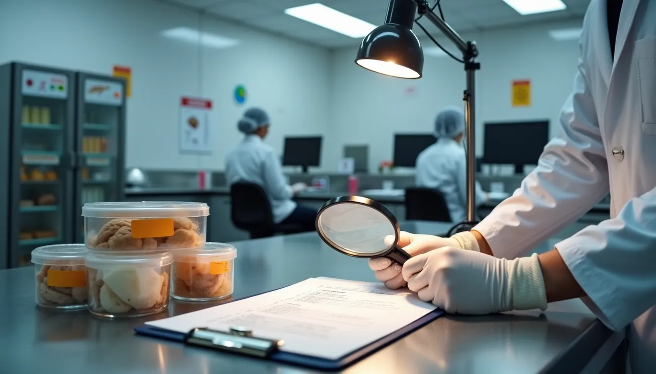 Allergen Recall Procedures UK: FSA Notification Requirements and Effective Incident Management 1 Scientist wearing gloves examines allergen recall documents with a magnifying glass in a lab setting.