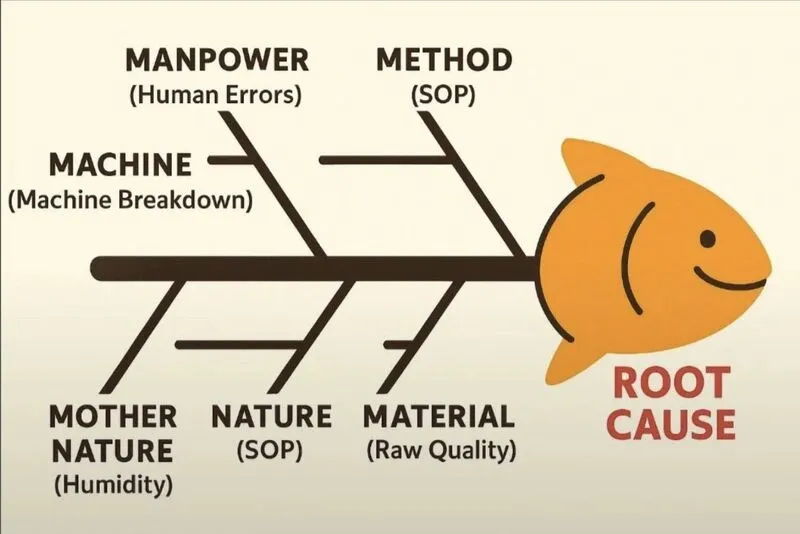 Fishbone diagram illustrating root causes including manpower, method, machine, mother nature, nature, and material in food analysis.
