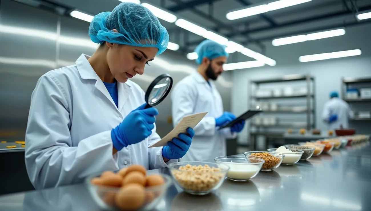 Food safety inspectors in lab coats and gloves examining allergen information with samples of common allergens in a manufacturing setting.