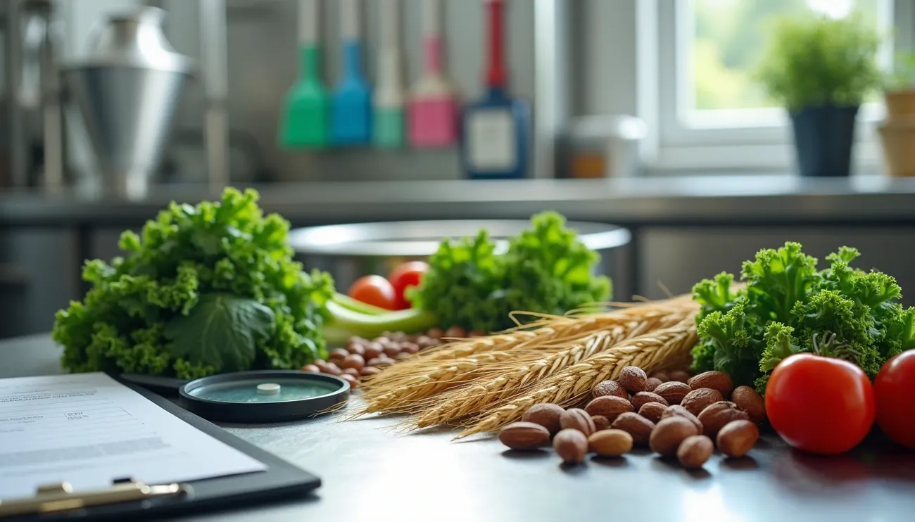 Fresh organic vegetables, nuts, grains, and certification documents on a kitchen counter representing organic allergen standards.