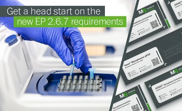 Gloved hand placing a sample tube into a PCR machine with text about EP 2.6.7 requirements for gluten testing.