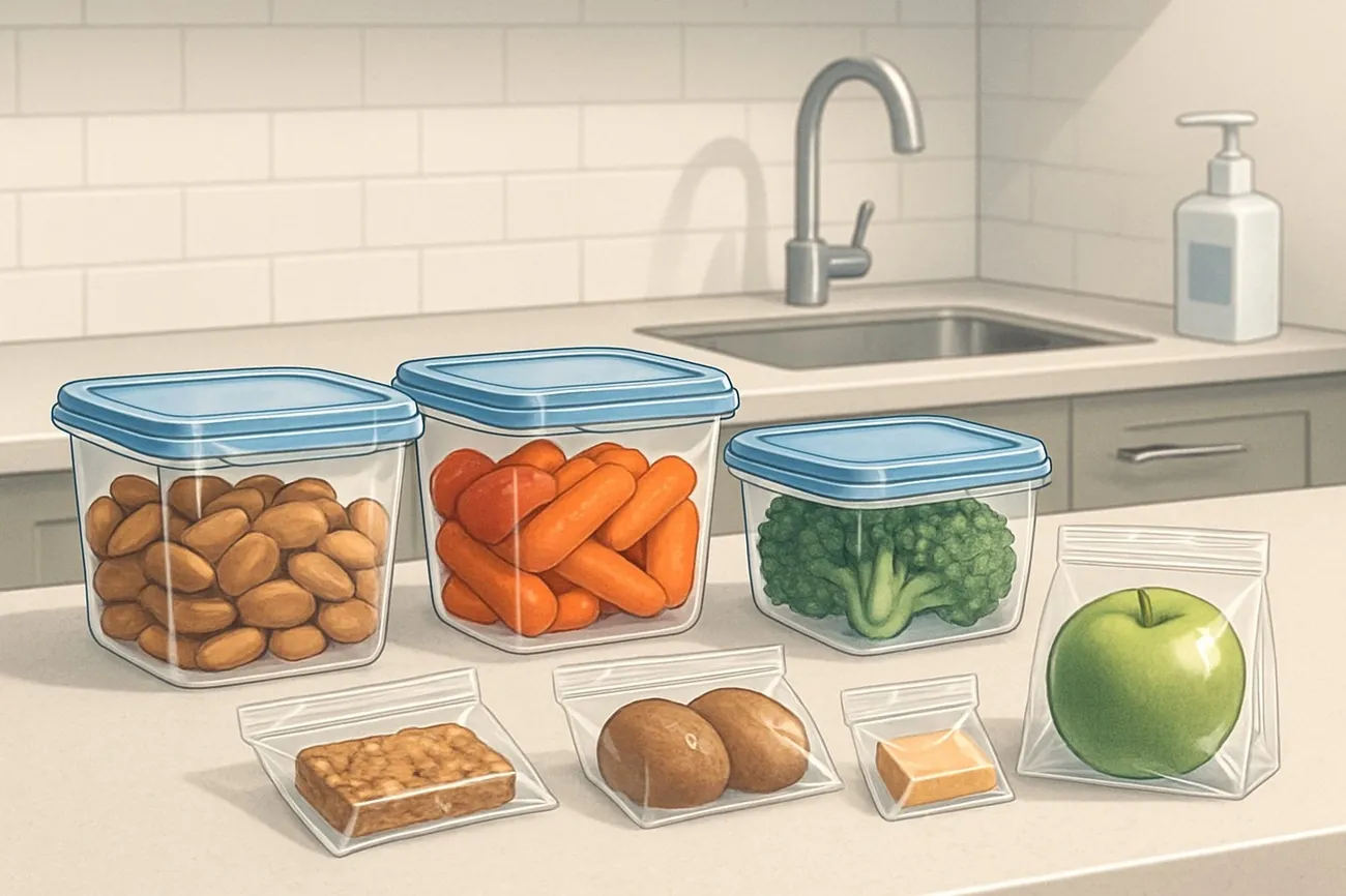 Clear containers with nuts, carrots, broccoli, and sealed bags with snacks and an apple on a kitchen counter.