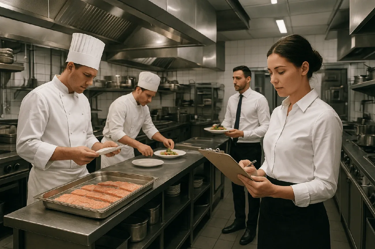 FSA Allergen Guidance for Food Businesses: Interpretation and Practical Application 4 Restaurant staff including chefs and servers preparing and inspecting dishes in a professional kitchen setting.