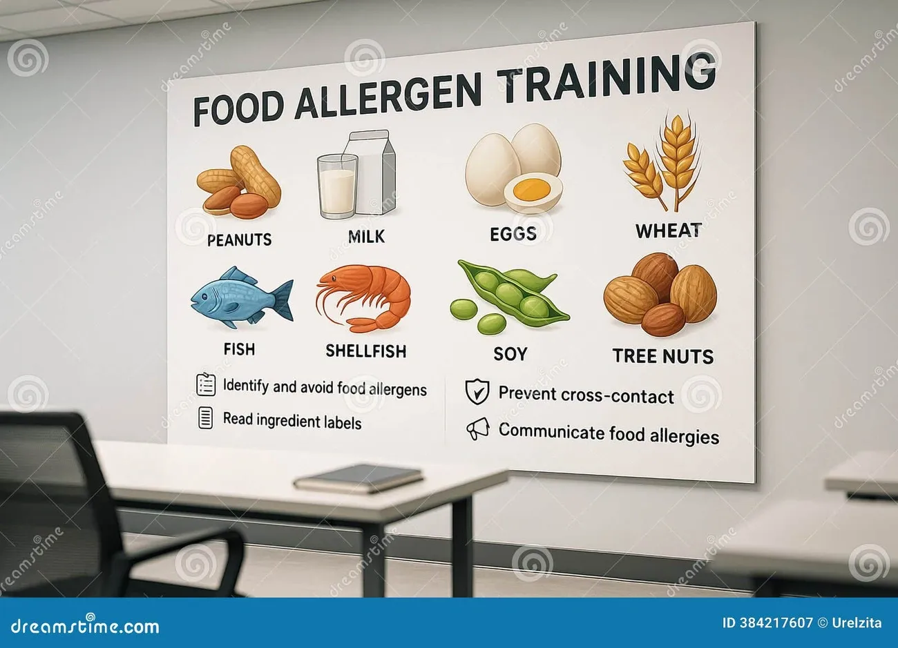 Food allergen training poster showing common allergens like peanuts, milk, eggs, wheat, fish, shellfish, soy, and tree nuts with safety tips.