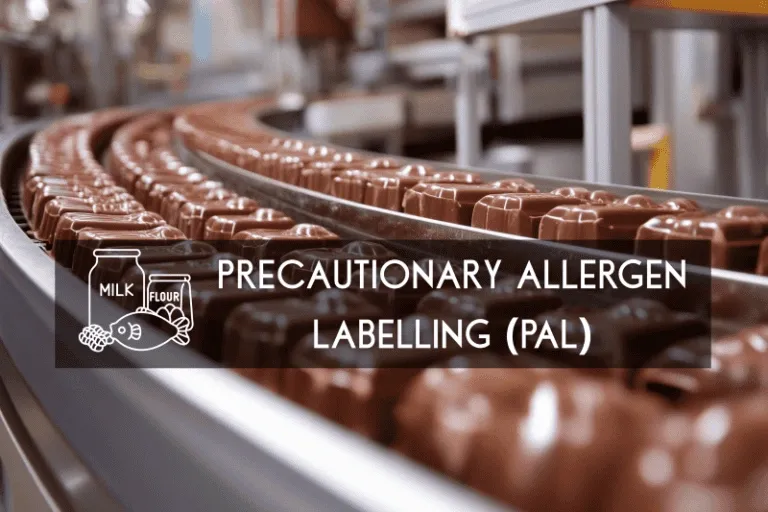 Conveyor belt with chocolates and overlay text about Precautionary Allergen Labelling (PAL) including milk, flour, and fish icons.