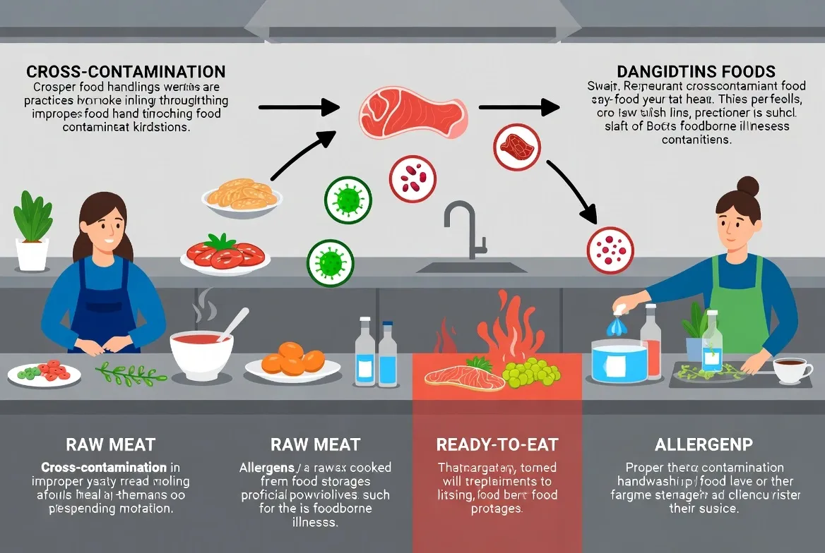 Illustration showing cross-contamination risks in food safety with raw meat, allergens, and ready-to-eat foods.