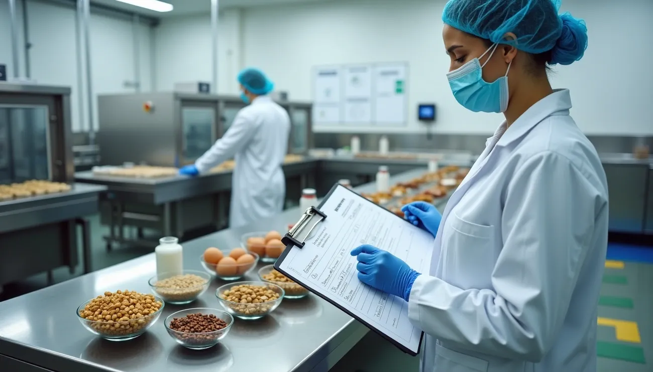 Food safety inspector in a lab coat and gloves checking allergen information on a clipboard in a food production facility.