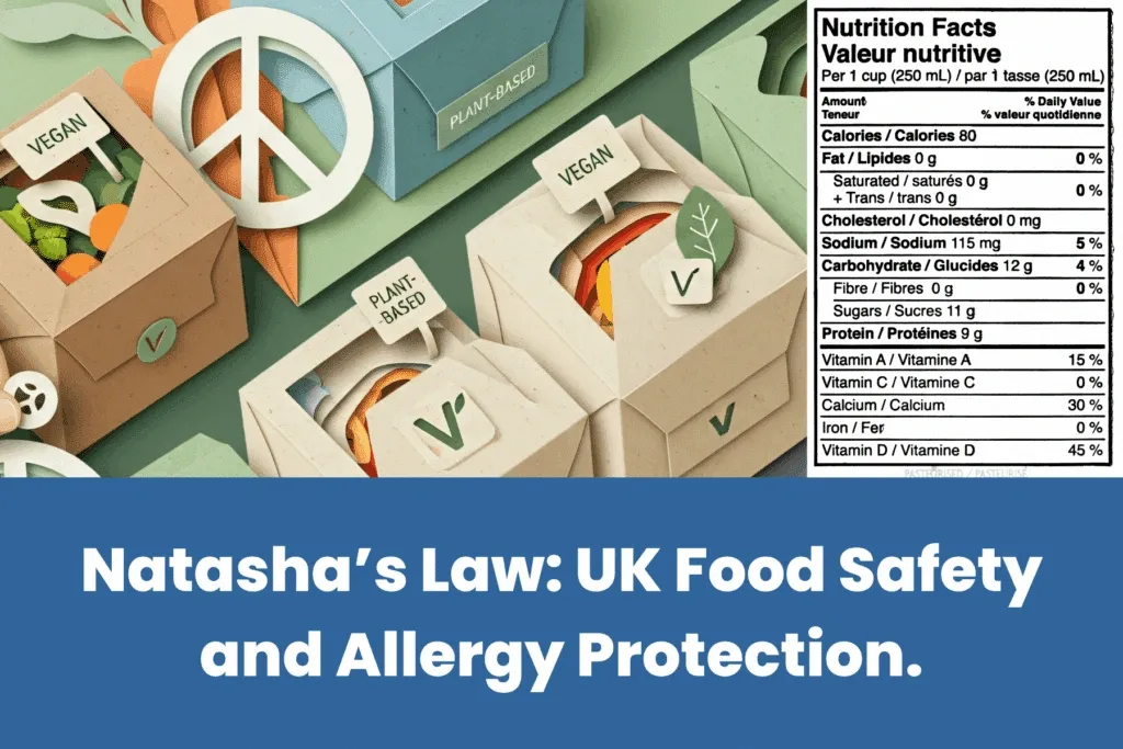 Natasha's Law Requirements: PPDS Allergen Labelling Requirements for UK Food Businesses 7 Packaging with vegan and plant-based labels alongside UK nutrition facts highlighting Natasha’s Law for food safety and allergy protection.