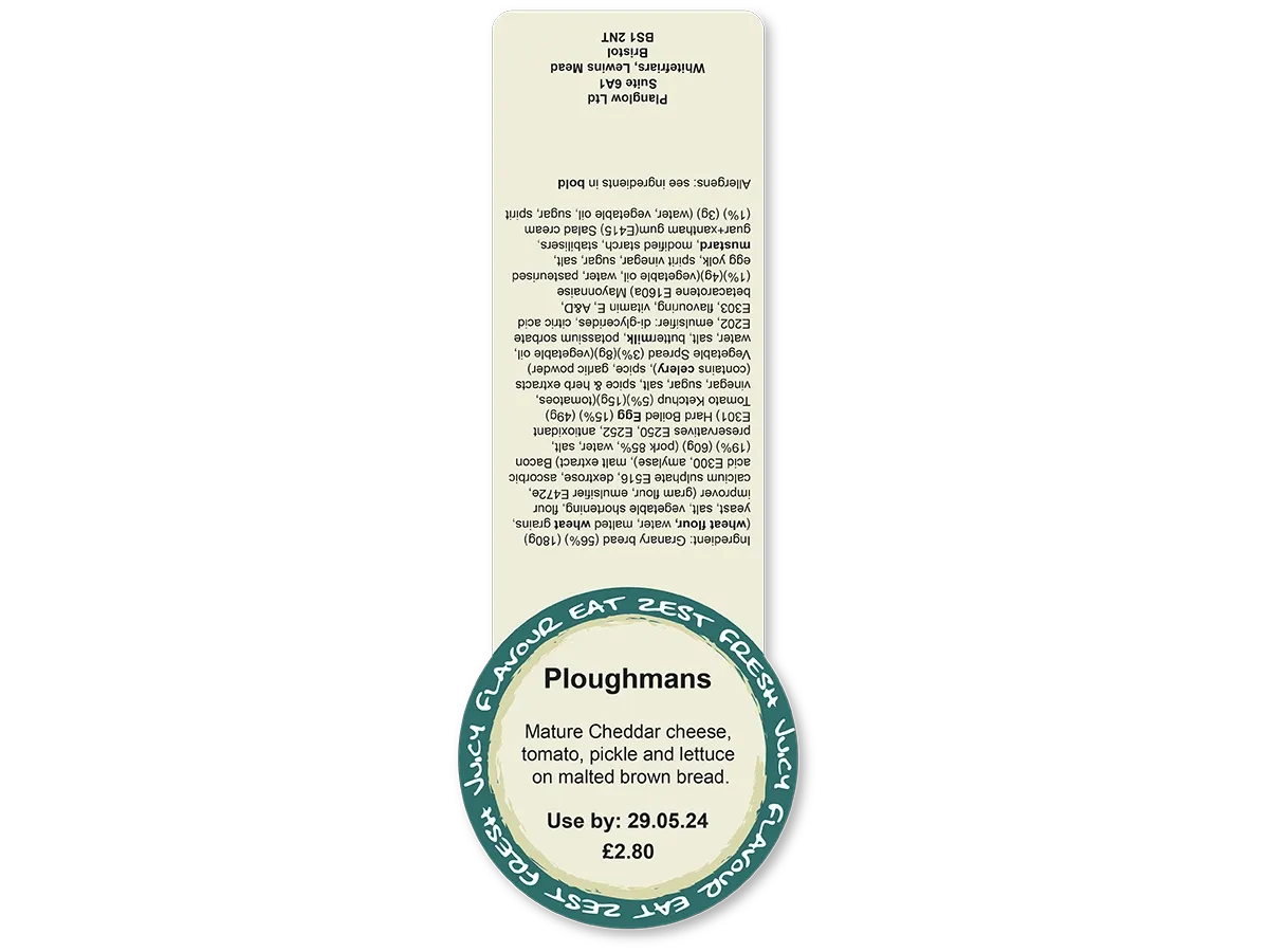 Natasha's Law Requirements: PPDS Allergen Labelling Requirements for UK Food Businesses 3 Ploughmans sandwich label showing ingredients, allergens, use by date, and price on a black background.