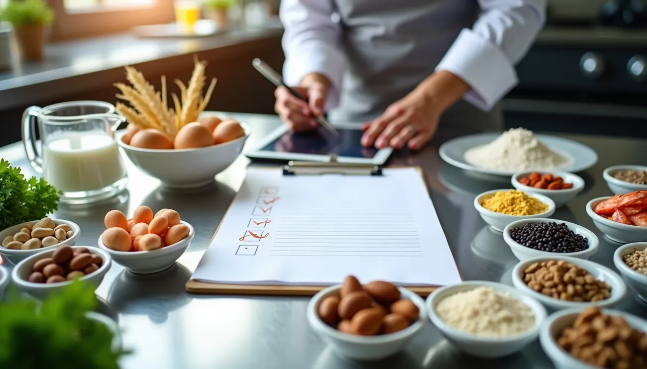 Person checking allergen ingredients on a clipboard surrounded by bowls of common food allergens in a kitchen setting.