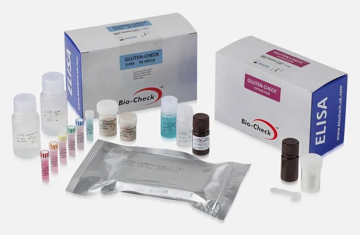 Bio-Check Gluten-Check ELISA test kit with reagents, vials, and packaging boxes displayed on a white surface.