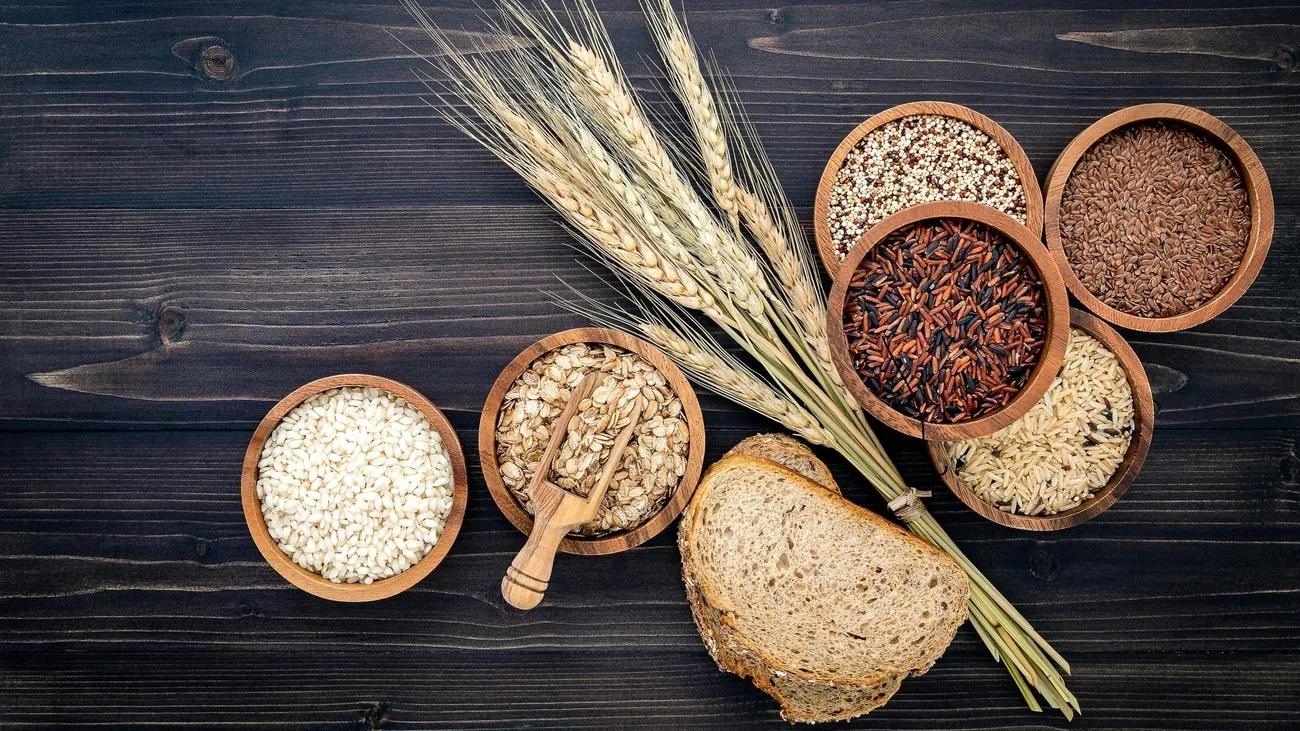Various grains, wheat stalks, and slices of whole grain bread displayed on a dark wooden surface.