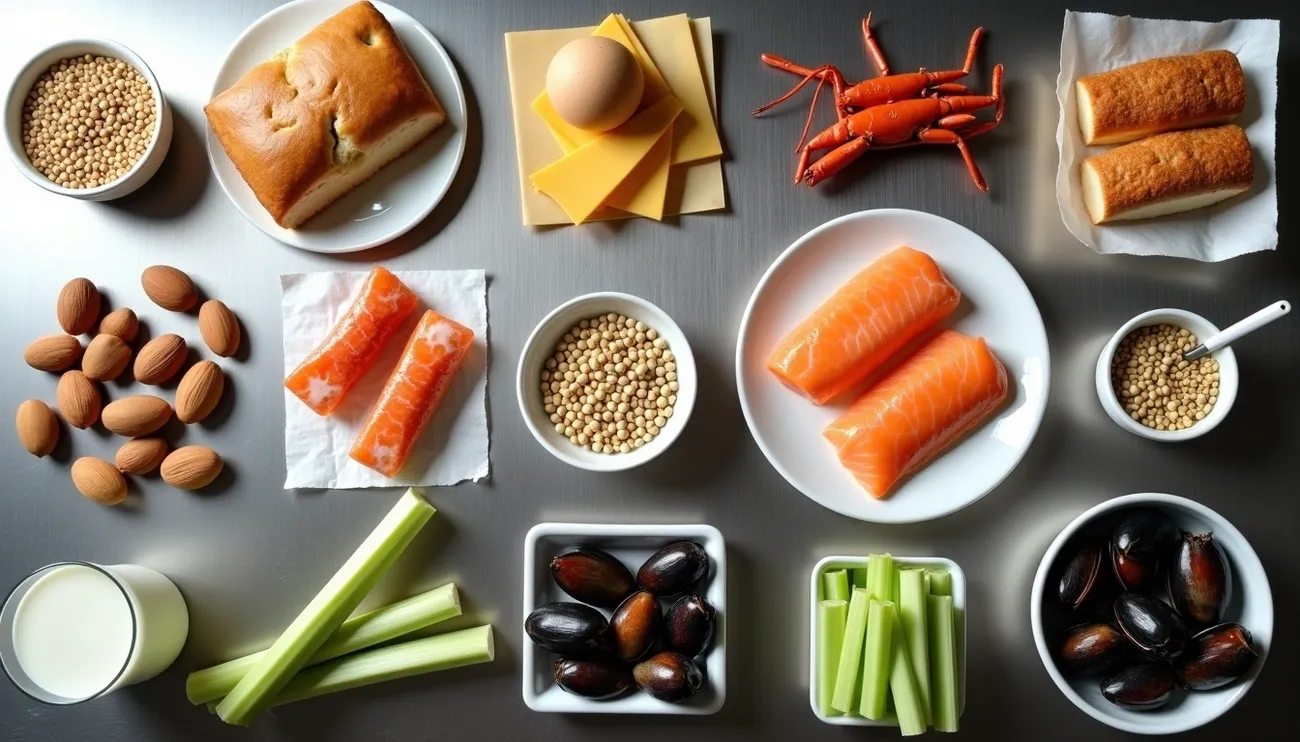 Various major food allergens including nuts, bread, egg, cheese, seafood, celery, and milk displayed on a table.
