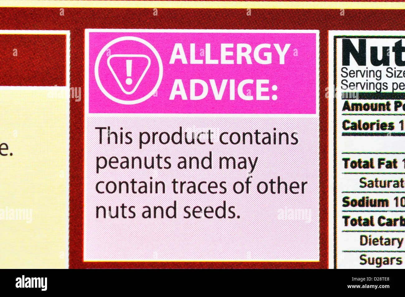 Precautionary Allergen Labelling UK: Guidance and When "May Contain" is Appropriate 6 Food label allergy advice stating the product contains peanuts and may contain traces of other nuts and seeds.