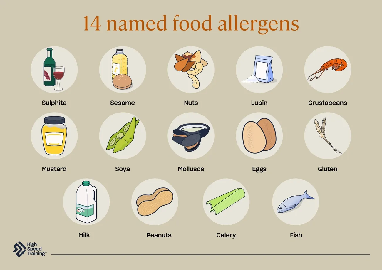 Illustration showing 14 named food allergens including sulphite, sesame, nuts, lupin, crustaceans, mustard, soya, molluscs, eggs, gluten, milk, peanuts, celery, and fish.