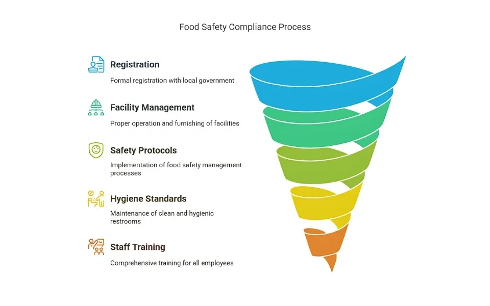 Food safety compliance process funnel showing registration, facility management, safety protocols, hygiene standards, and staff training steps.