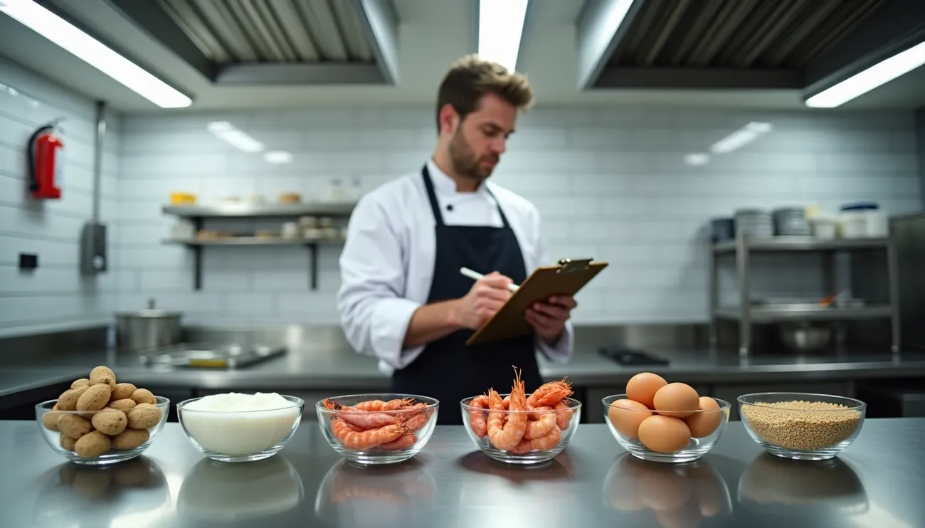 Chef in kitchen inspecting bowls of common food allergens including nuts, dairy, shellfish, eggs, and grains for compliance.
