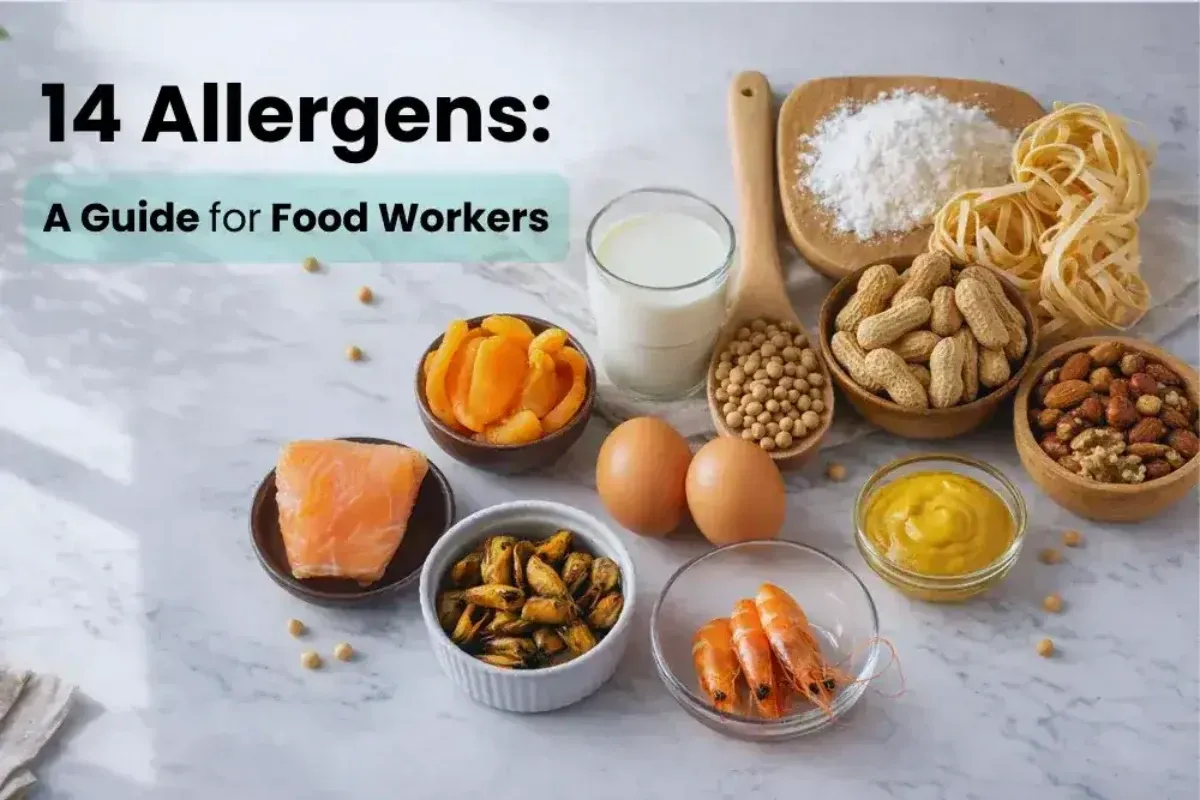 Natasha's Law Requirements: PPDS Allergen Labelling Requirements for UK Food Businesses 4 A guide for food workers showing 14 common food allergens including nuts, eggs, seafood, milk, and wheat products.