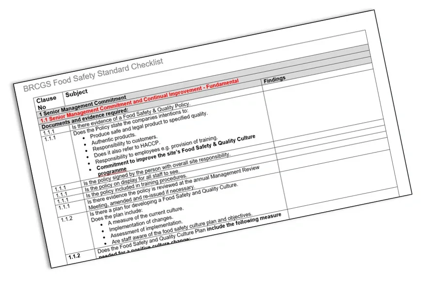 BRCGS Food Safety Standard Checklist showing senior management commitment and continual improvement requirements.