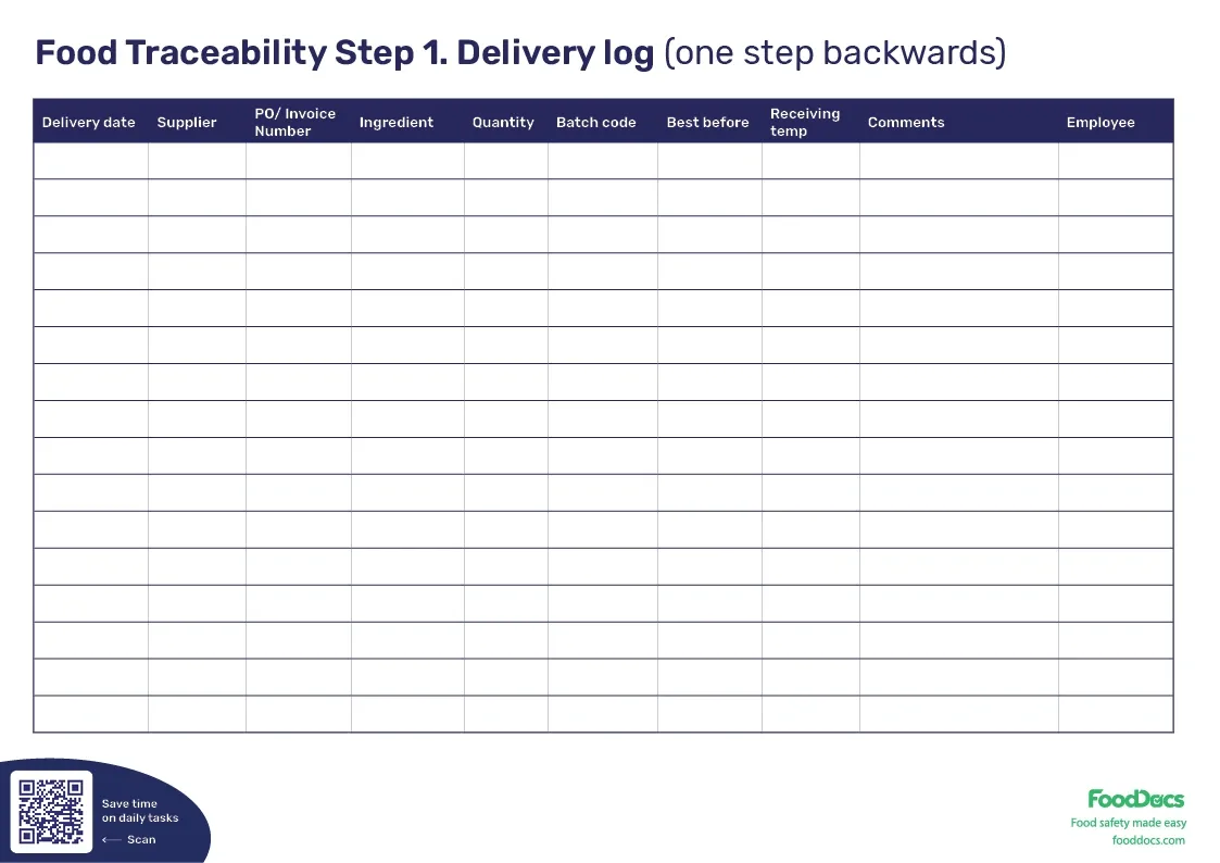 Blank food traceability delivery log table with columns for supplier, ingredient, quantity, batch code, and employee details.
