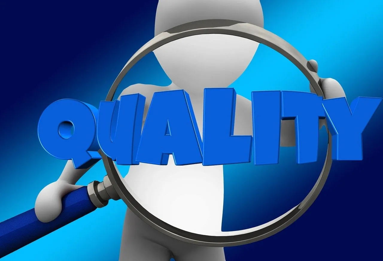 FSA UK allergen recalls: Analysis of UK Incidents 2020-2024 3 3D figure holding a magnifying glass focusing on the word 'QUALITY' in bold blue letters against a blue background.