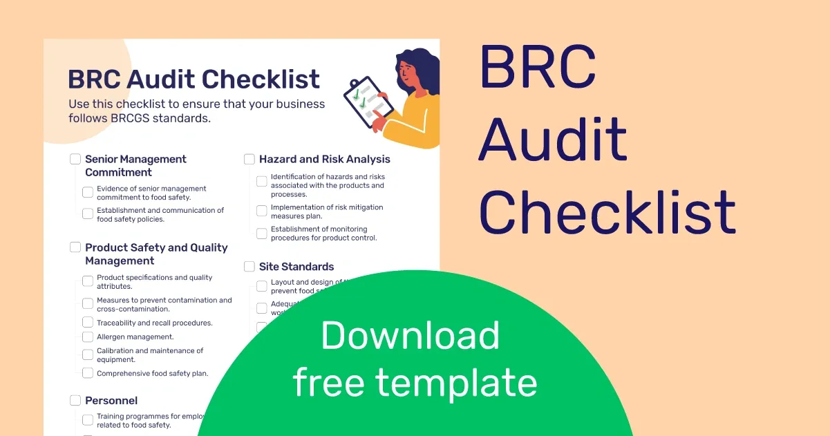 BRC Audit Checklist overview with categories and a green button to download the free template.