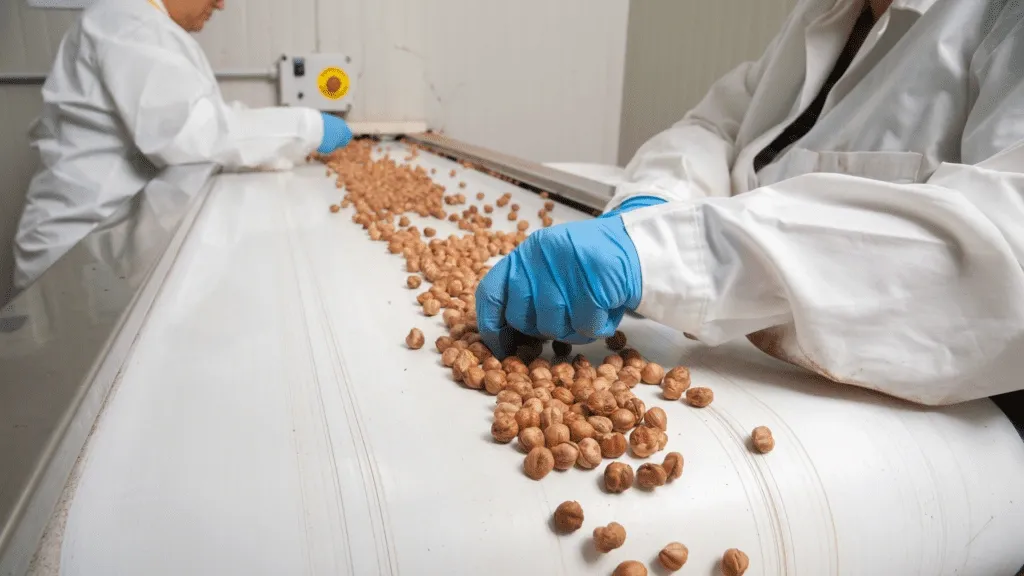Workers in protective gear sorting nuts on a conveyor belt to prevent allergen cross contact in food manufacturing.