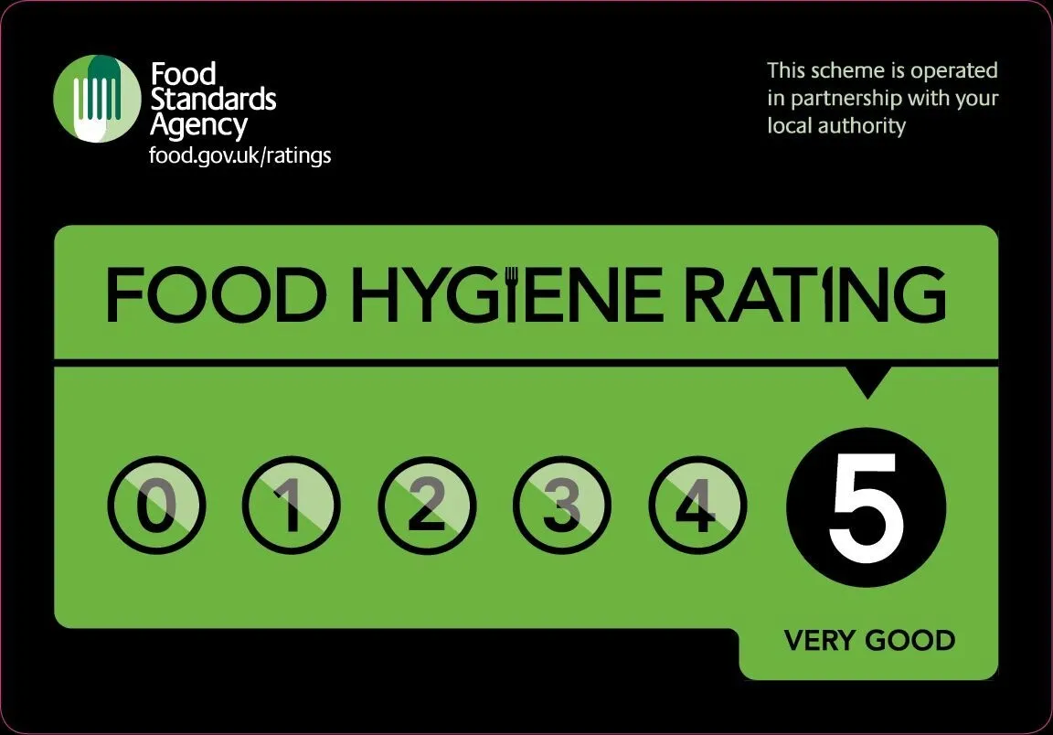 Food Standards Agency food hygiene rating scale from 0 to 5, with 5 indicating very good hygiene standards.