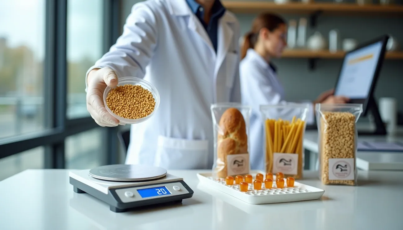 Scientist in lab coat holding grains with gluten-free foods and a scale showing 20ppm in a testing lab.
