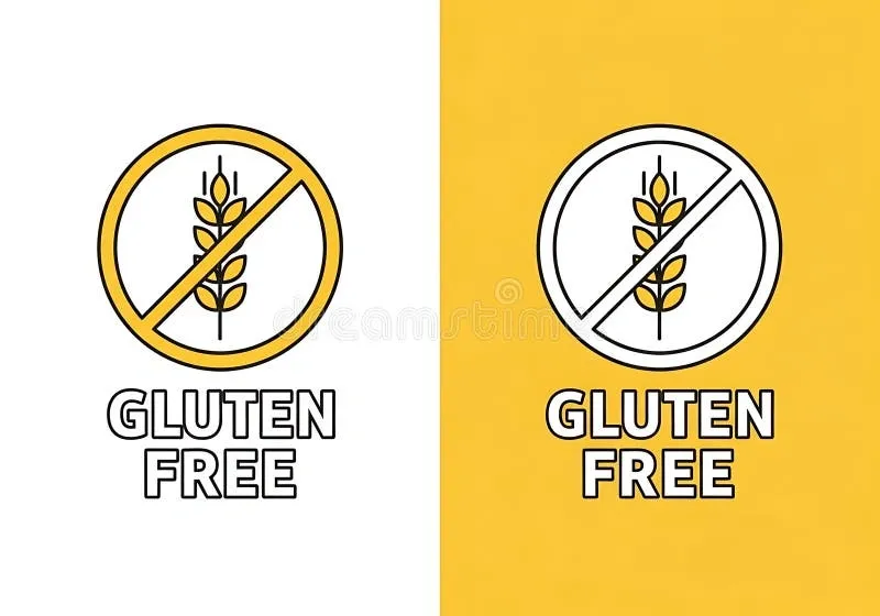 Two gluten-free symbols showing a wheat stalk crossed out with the text 'GLUTEN FREE' below on white and yellow backgrounds.