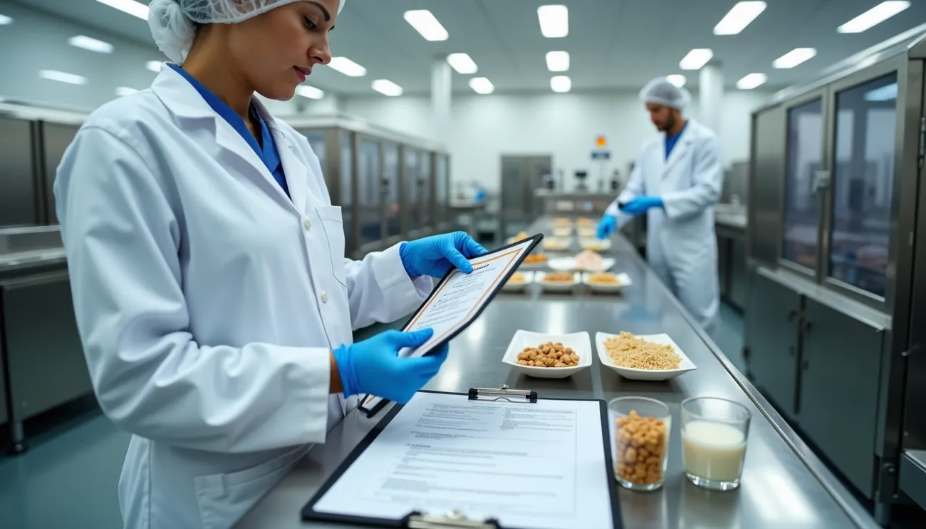 Food safety scientists in lab coats and gloves inspecting allergen samples in a UK food manufacturing facility.