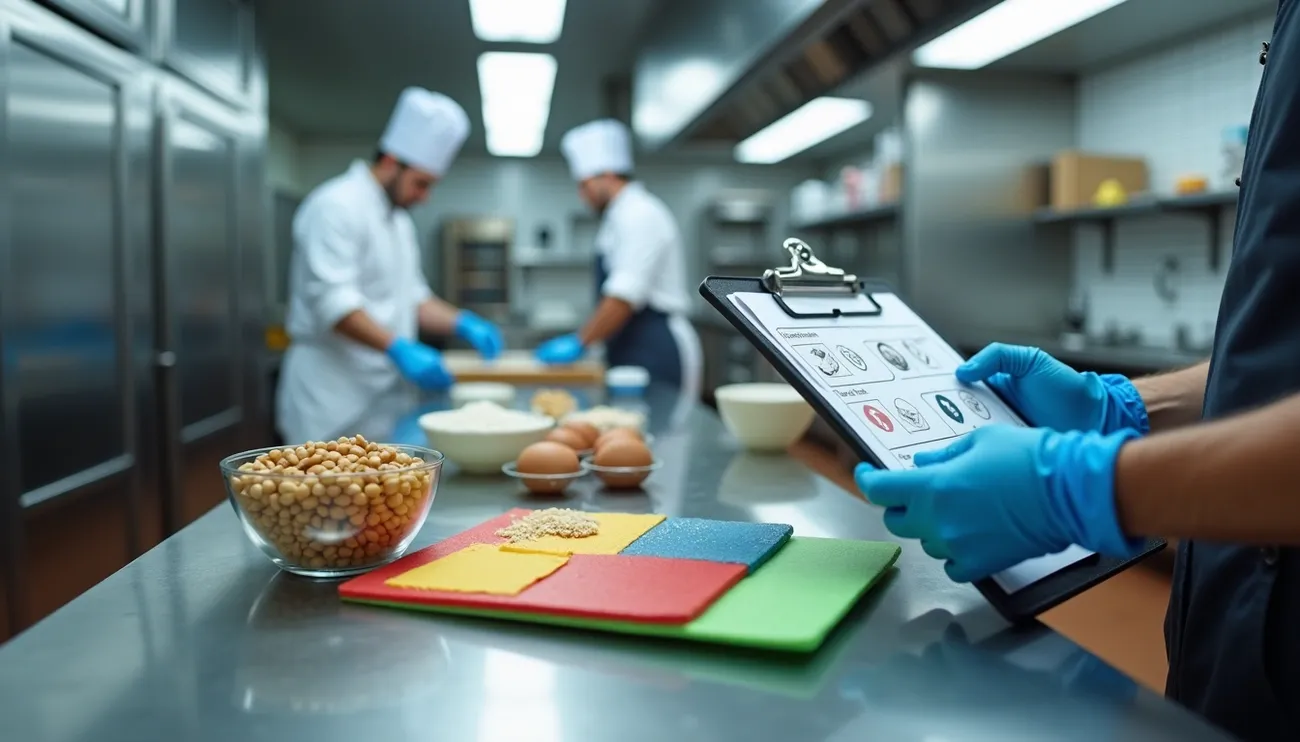 Food safety inspector wearing gloves checks allergen information on a clipboard in a professional kitchen.