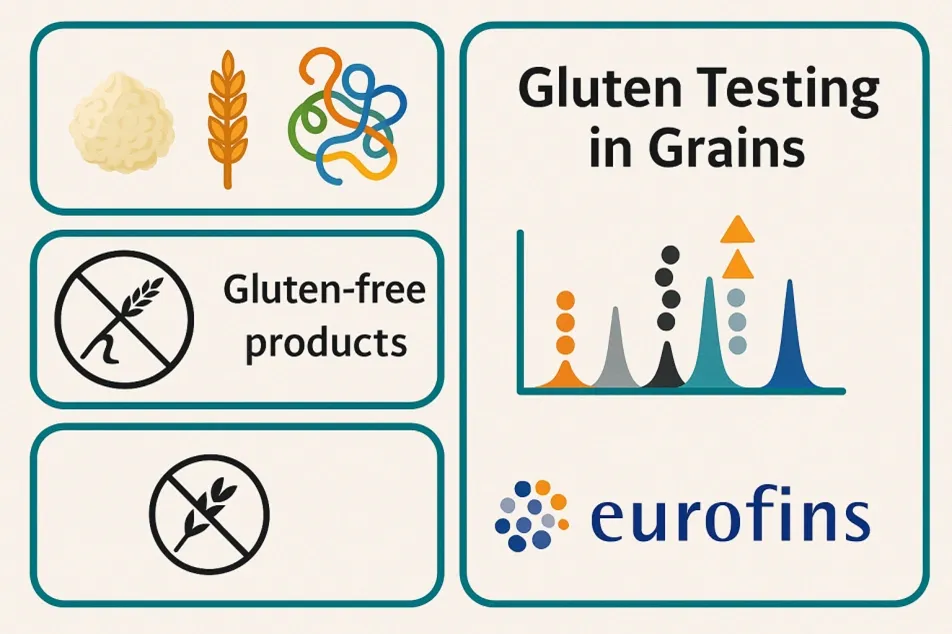 Graphic illustrating gluten testing in grains and certification of gluten-free products by Eurofins.
