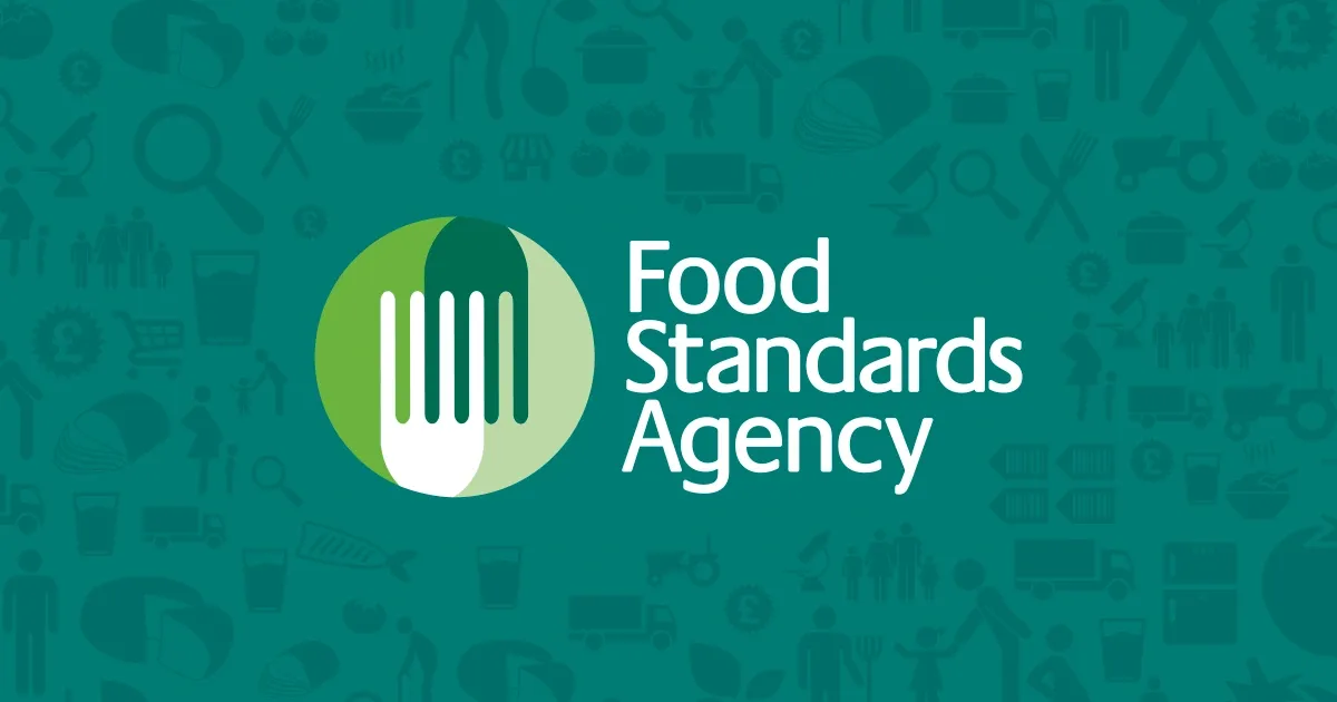 Food Standards Agency logo with green fork icons on a teal background featuring food-related symbols.