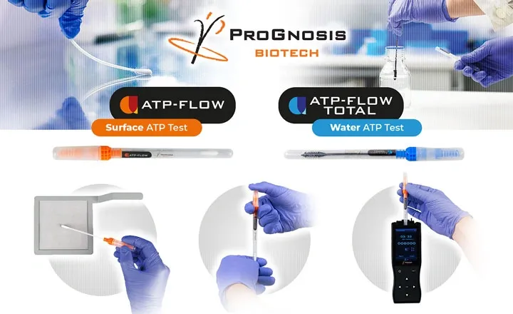 Hands wearing gloves using ATP-Flow surface and water ATP test kits for hygiene monitoring by ProGnosis Biotech.