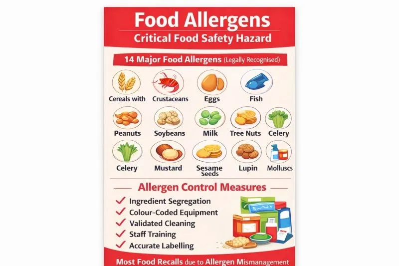 Infographic listing 14 major food allergens and essential allergen control measures for food safety.