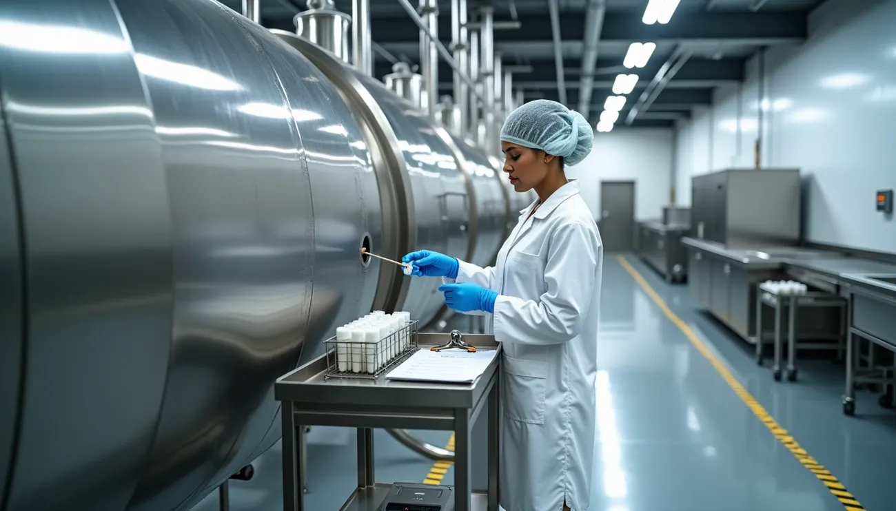 Lab technician in protective gear collecting samples from stainless steel equipment for allergen cleaning validation study.