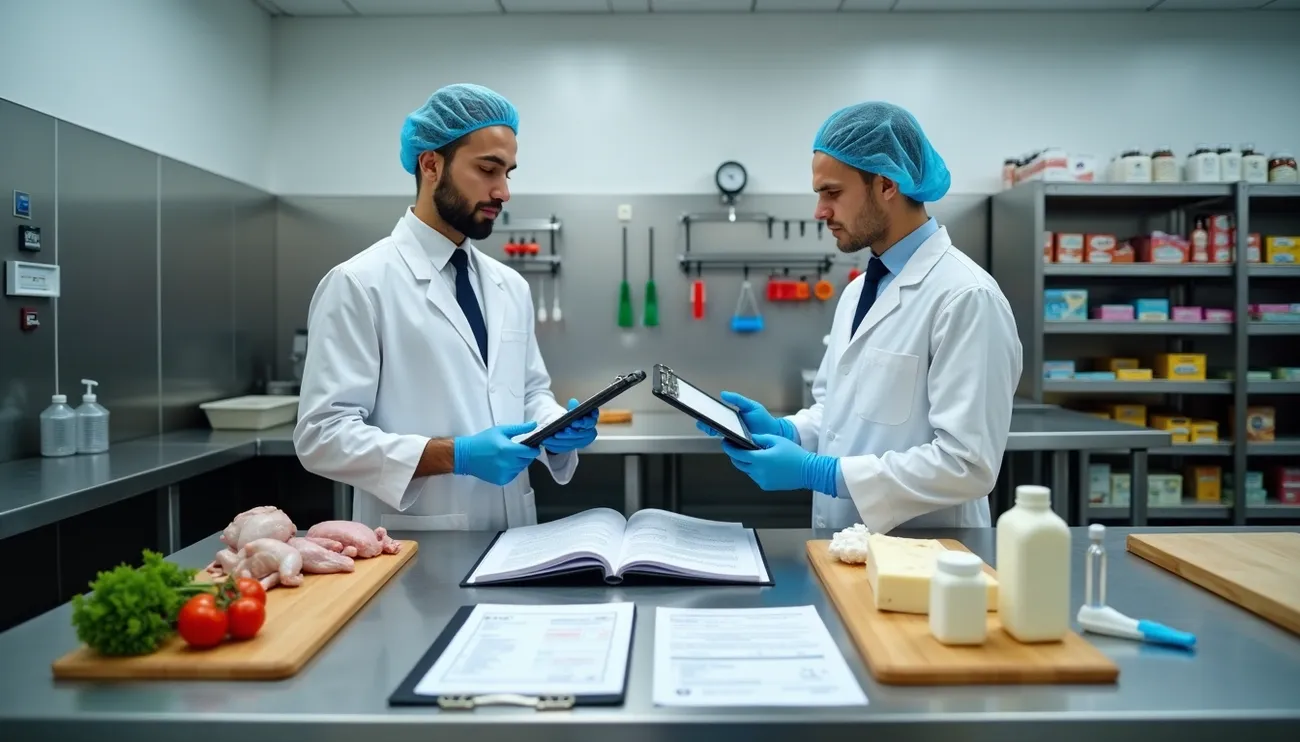 Two lab technicians in protective gear review documents in a food safety lab with raw meat and dairy samples.