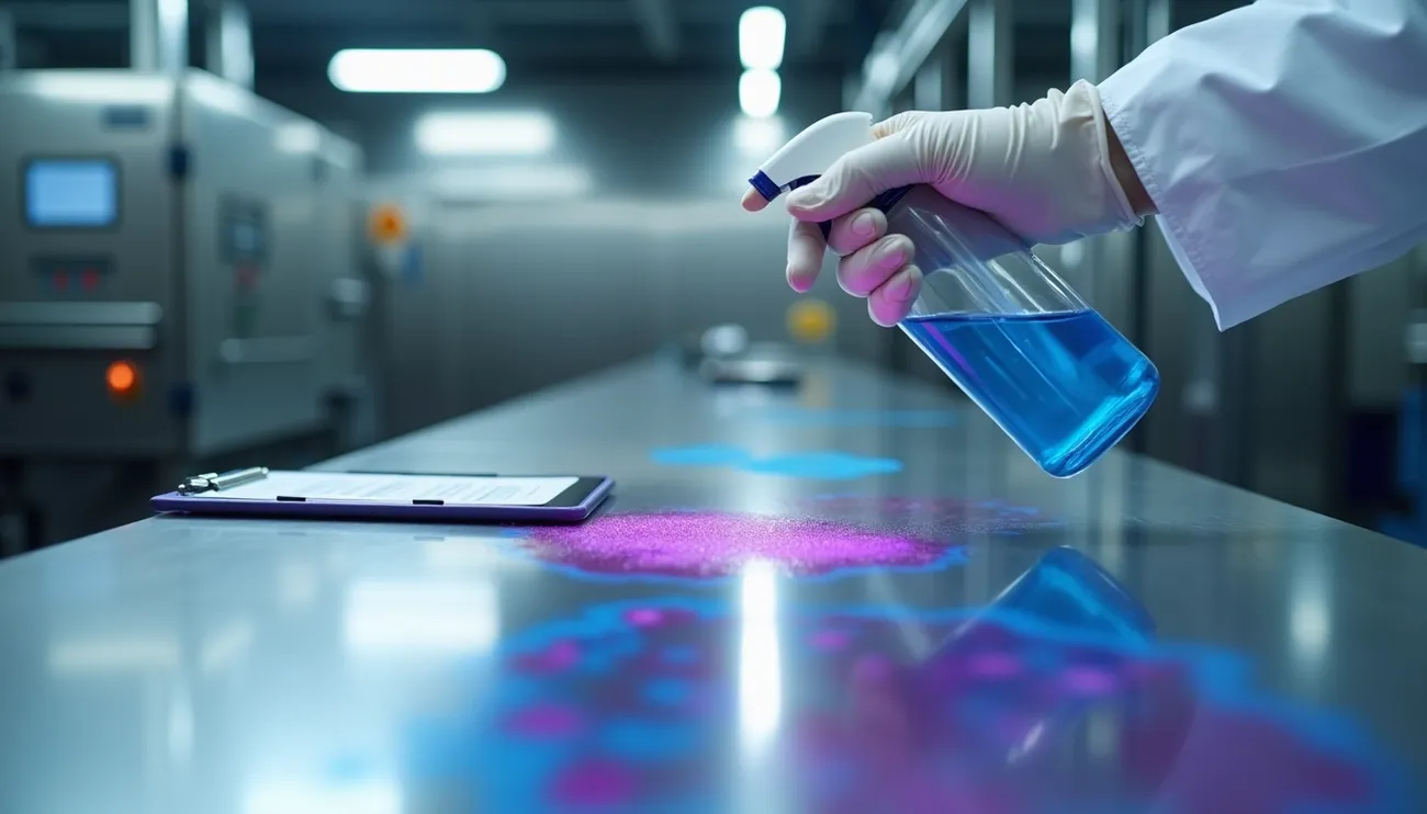 Gloved hand spraying blue protein-reactive solution on stainless steel surface to detect allergens in lab setting.