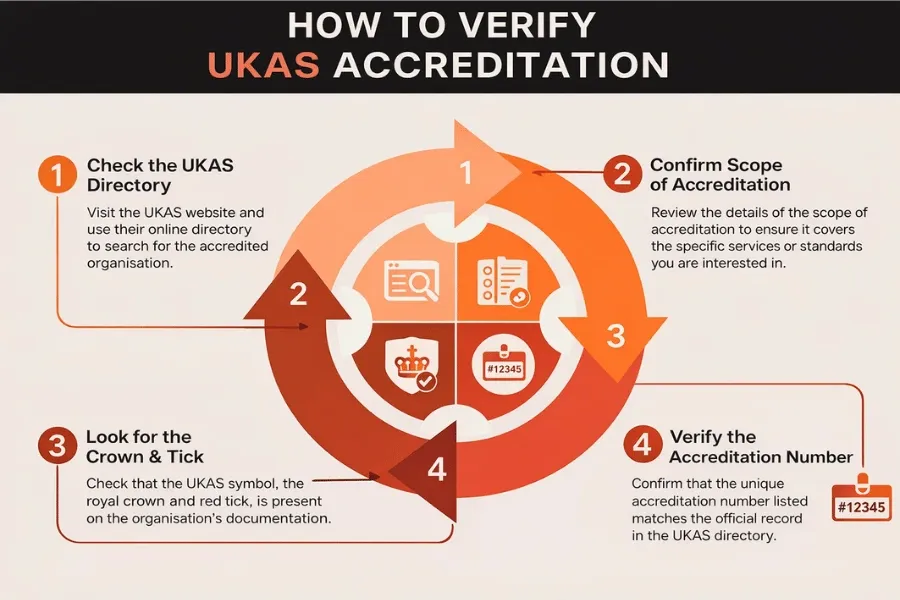 Steps to verify UKAS accreditation including checking the directory, confirming scope, looking for crown and tick, and verifying number.