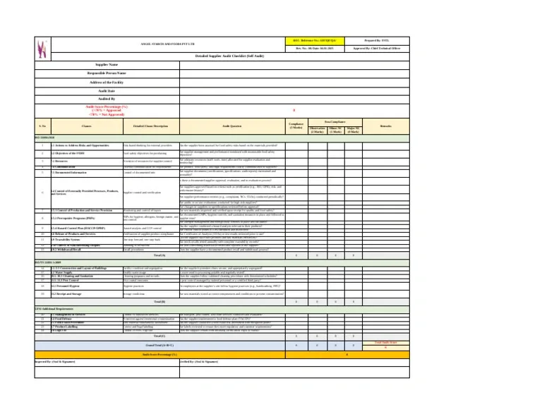Supplier audit checklist PDF template for food safety compliance with audit criteria and scoring sections.