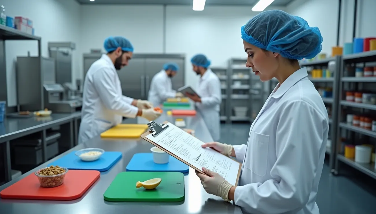 Food safety professionals in a lab coat and hairnet conduct HACCP and allergen control checks in a food testing lab.