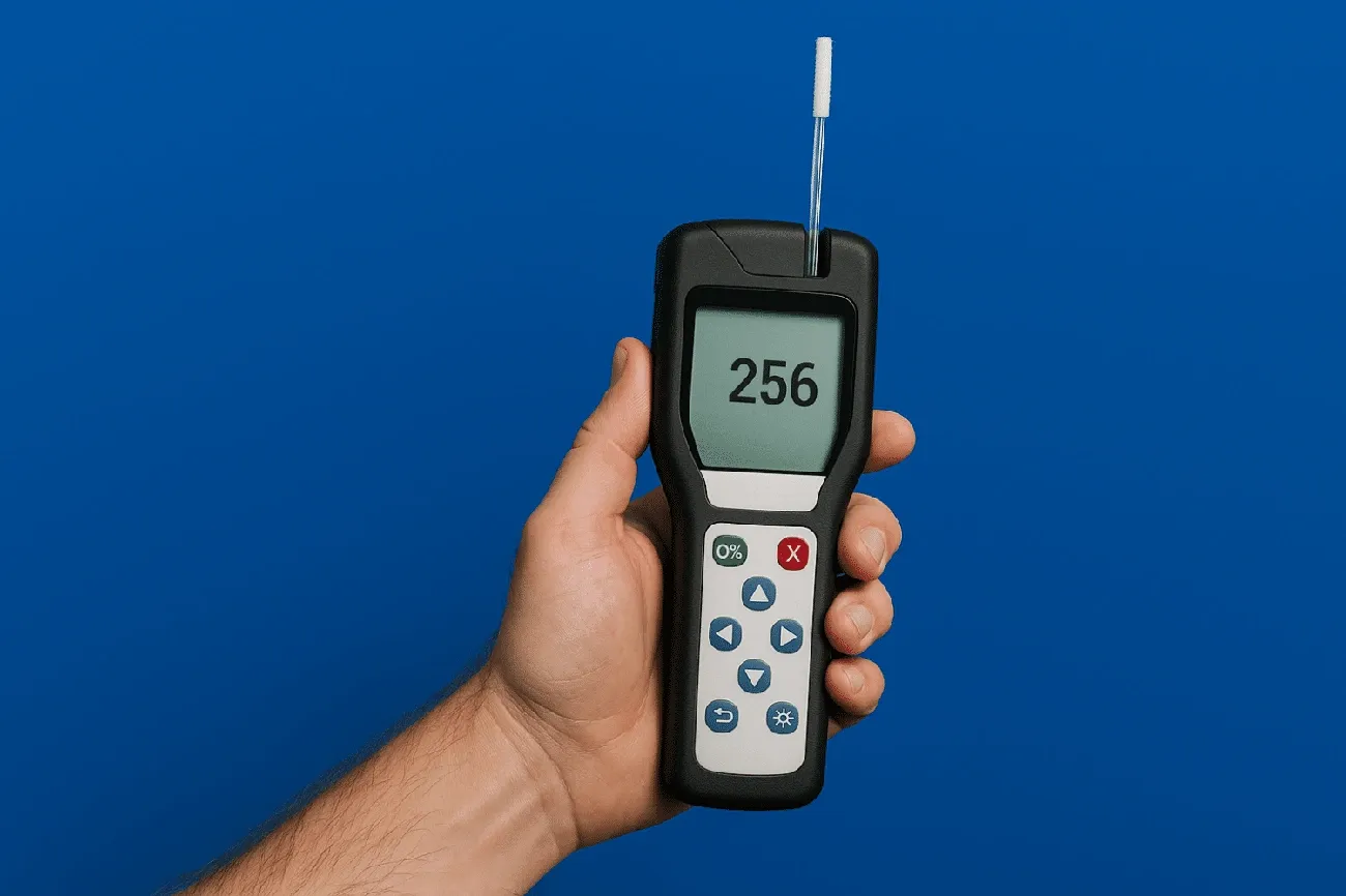 Hand holding an ATP testing device displaying a reading of 256 to verify surface cleanliness against a blue background.