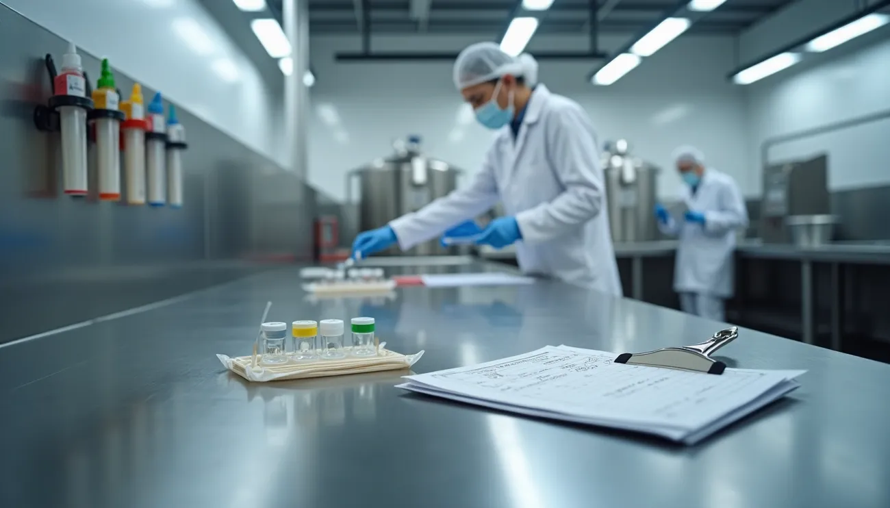 Scientists in a lab with test tubes and documents on a stainless steel table, focused on allergen cleaning validation.